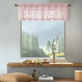 OWENIE Leyna 14 Inch Blush Pink Valance for Windows 2 PCS Sheer Curtains, Jacquard Leaves Textured Small Kitchen Valances Curtain for Living Room Bedroom, Modern Rod Pocket Drapes, 40Wx14L Inch