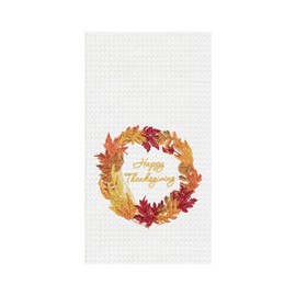 C&F Home "Happy Thanksgiving Wreath Embroidered Waffle Weave Dishtowel Autumn Fall Harvest Decorative Drying Kitchen Dish Hand Towel Decor Decoration 18" x 27" White
