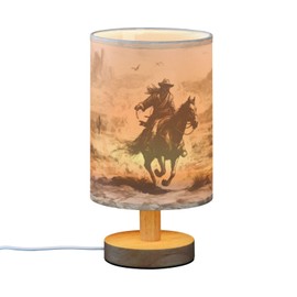 YETTASBIN Western Cowboy Bedside Table Lamp, Small LED Desk Light USB Nightstand Lamp with Non Slip Wood Base & Eye-Friendily Lampshade for Living Room Bedroom Dorm Home Office Desk Decor