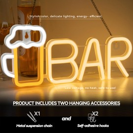 PIKPEOD Neon Sign, Warm White USB or Battery Powered Bar Led Signs with Hang Chain for Man Cave, Home Bar, Bistro, Pub, Party, Club Wall or Door Decor