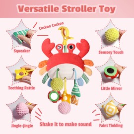 Baby Sensory Toys 0-6 Months - Crib & Car Seat Hanging Crab Attachment with Clip, Rattles and Teether, Travel Comfort Toy for Newborn Infant Gifts