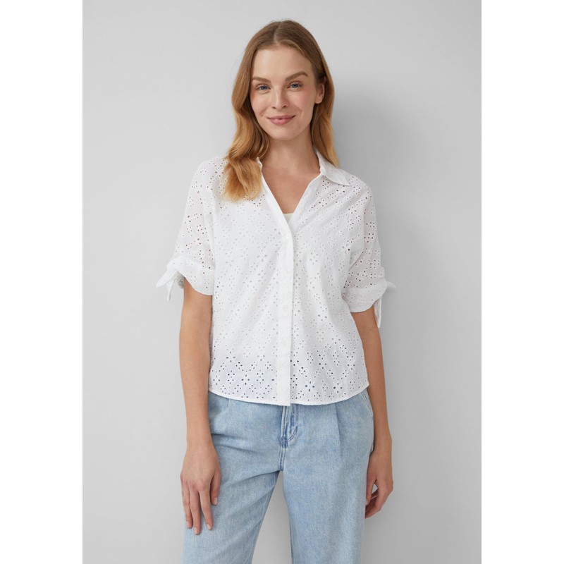 s.Oliver Loose Blouse with Broderie and Knot Detail, White