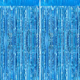 ASTARON 2Pcs Shiny Foil Fringe Curtains Blue Metallic Fringe for Baby Shower Party Birthday Party Decoration, Light-Blue