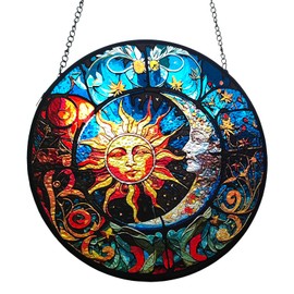 BDHRKTE Stained Glass Window Hanging,Sun and Moon Face Stained Glass Suncatchers with Metal Chain Stained Glass Panels，Suncatchers for Windows Hanging for Wall & Home Decor