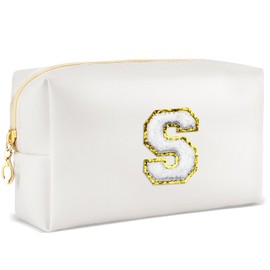 URSKYTOUS Initial Preppy Makeup Bag for Women Travel Large Cosmetic Bag Cute Pink Makeup Pouch for Purse Zippered Toiletry Bag Organizer PU Leather Aesthetic Makeup Brushes Storage Bag Makeup Case