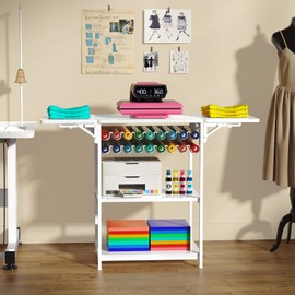 EasyCom 19.7"x46.5" Heat Press Table with 18 Vinyl Roll Holders, Adjustable Height 3 Tier Heat Transfer Machine Stand with Wheels, Foldable Crafting Table for DIY Sublimation Transfer Machine