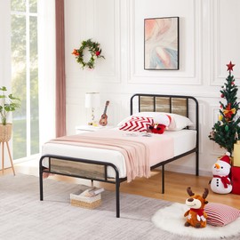 VECELO Twin Size Bed Frame Metal Platform with Wooden Headboard for Kids,Sturdy Steel Slats Support/Matress Foudation/No Box Spring Needed(Grey Slate)