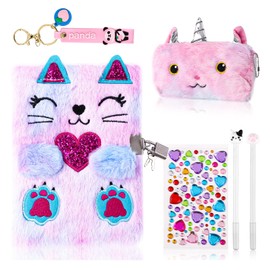 DHQH Cat Diary with Lock Gift for 6 7 8 Year Old Girl,Secret Journal Notebook Diary for Girls,Kids Journals for Girls Christmas Gift Set,Secret Diary with Pen Pouch Panda Keychain Cat Paw Pen.