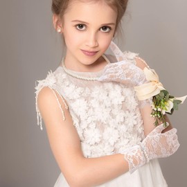 Geyoga 4 Pcs Pearl Necklace Set for Girls Little Girls Tea Party Jewelry White Pearl Earrings Bracelet Sets First Communion Gloves Kit for kids (Exquisite Style,8-12 Years)