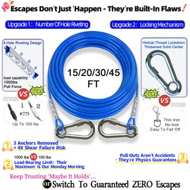 Dog Tie Out Cable and Stake,with 20FT Heavy Duty Cable,360°Swivel Dog Run- No Tangle,Runner for Yard R- Up to 150LBS,Ideal for Outdoor Camping