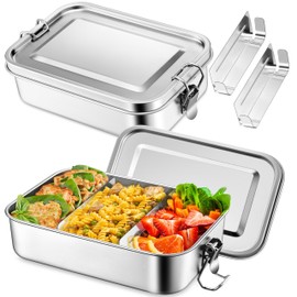 TeamFar Stainless Steel Bento Box, 2 Pack 47oz/1400ml Metal Lunch Box with 3 Compartments for Adults Kids, Large Lunch Food Containers for School/Work/Meal Prep, Leak-Proof & Dishwasher Safe