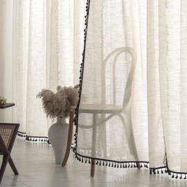 VOILYBIRD Short Curtains for Small Window Natural Linen Blended Farmhouse Curtains Country Style 45 Inch Length for Kitchen, W40 x L45, Black Tassel, 2 Panels Set