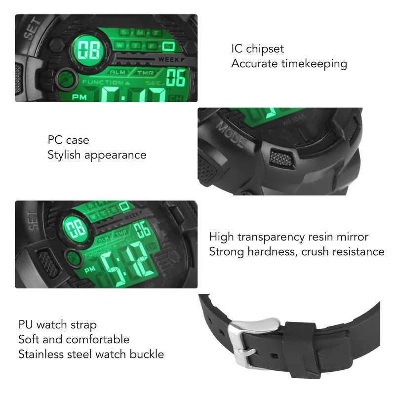 Men Dual Time Sports Watch Outdoor Waterproof PU Strap Digital