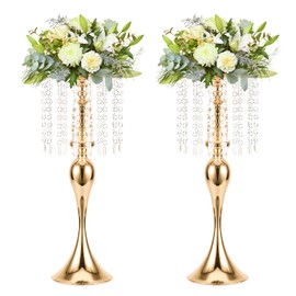 Wedding Centerpieces for Tables - Gold Flower Vases for Centerpieces, 2Pcs Tall Metal Flower Vases with Chandelier Crystal, 21.3in Flower Stand for Wedding Reception Birthday Party Events Home Decor
