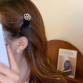 Inilbran Vintage Flower Pearl Hairpin Clip Camellia Side Clip Hairpin Barrette Small Camellia Flower Hair Clip Decorative Velvet Flower Hair Pin Clip Wedding Bridal Flower Hair Clip (Black)