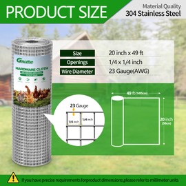 GMOTLSE Hardware Cloth 1/4 inch 23 Gauge Large Size 304 Stainless Steel mesh Chicken Wire Fencing Wire Mesh Roll Welded Wire Fencing Garden Fence 20in×49ft