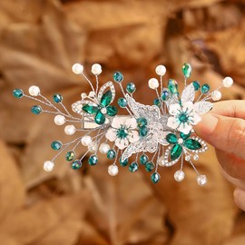 IYOU Bridal Wedding Hair Clips Grenn Sparkly Crystal Headpiece Butterfly Flower Barrette Bridesmaid Guest Hair Accessories for Women