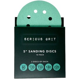 Serious Grit - 5-Inch 8-Hole Sanding Discs Sample Pack - 80, 120, 150, 180, 220 Grit (2 of Each) - Heavy-Duty Hook & Loop Film Discs - Sandpaper for Random Orbital Sanders - 10 Disc Pack