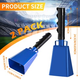 2 Pack 10 Inch Steel Cow Bell with Handles, Cheering Cowbells Noise Maker Large Steel Bell with Handles for Sports Events, Football Games, Concert, School Graduation,Party(Blue)