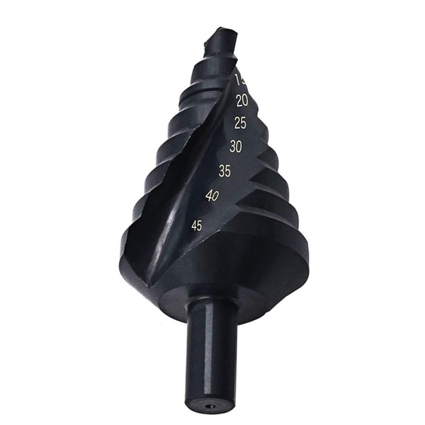 Meichoon Step Cone Drill Bit Set 10-45mm Spiral Flute, High Speed Steel Large Bit Nitride Pagoda Step Drill for Carbon Steel, Sheet Iron, Insulation Boards, PVC Boards,Planks DC15 Black