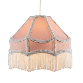 Handmade Victorian Empire Pendant Lamp Shade in Blush Pink Velvet with White Embroidered Trims and Tassels | 30cm x 19cm | for Pendant or Floor or Table Lamp by Happy Homewares