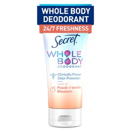 Secret Crema Desodorante Corporal Integral para Mujeres, Aroma A Melocotón y Flor de Vainilla, Desodorante Libre de Aluminio, 72 Hr. Protección Contra El Olor, 3.0 Oz