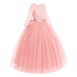 Little Big Girls Vintage Floral Lace Half Sleeve Pageant Long Tutu Dress Princess Party Floor Length Tulle First Communion Junior Bridesmaid Formal Prom Puffy Evening Dance Gowns Pink 11-12 Years