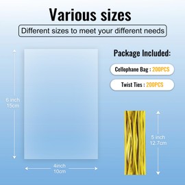 MORIDA - 200 bolsas de celofán de 4 x 6 pulgadas, bolsas de celofán, bolsas de regalo transparentes para tartas, bolsas de caramelo, bolsas de violonchelo para recuerdos de fiesta, regalos, panadería, galletas con lazos de 5 pulgadas