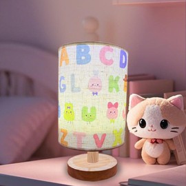 HYLING Kids Lamps for Bedrooms Girls, Cartoon Alphabet Table Lamp 3 Color Changing LED Night Light with 9 Brightness Levels Wood Nightstand Desk Base Flaxen Fabric Shade for Bedroom Living Room