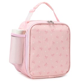 Dafelile Lunch Bag for Girls Women Kids,Reusable Insulated Corduroy Bow Lunch Box With Adjustable Shoulder Strap for School Work Picnic Large Capacity Pink