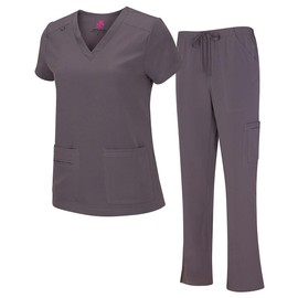 Natural Uniforms Women's Cool Stretch V-Neck Top and Cargo Pant Set (Charcoal, X-Large)