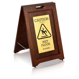 Alpine 2-Sided Wooden Brass Plated Wet Floor Sign - A-Frame Warning Notice - Sturdy Double Sided Fold Out Bilingual Floor Safety Alert Ideal for High End Commercial Use