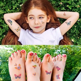 VIWIEU Glitter Butterfly Temporary Tattoos for Kids Girls 12 Sheets, Colorful 3D Shimmer Butterfly Realistic Waterproof Tattoos Fake Body Decoration Metallic Birthday Party Favor Christmas Bag Fillers