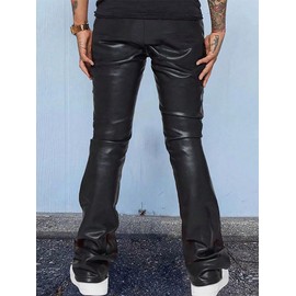 WDIRARA Men's PU Leather Pants High Waist Flare Leg Long Disco Pants with Pockets Black M