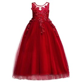 IZKIZF Flower Girls Princess Wedding Floor Length Tulle Dress Wedding Communion Pageant Party Maxi Gown Deep Red 6-7T