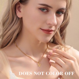 Symretie 14K Gold Plated Initial Necklace - Unisex Adults' Modern Gold Stainless Steel Letter Necklace - Alphabet N Pendant Cuban Chain Jewellery Gift