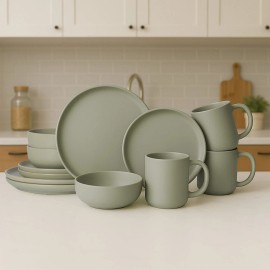 12-Piece Green-Stone Microwave & Dishwasher Safe Stoneware Dinnerware Set Non-Toxic Plate & Bowl Mugs Stackable DesignMain Material: Stone, Main Color: Green