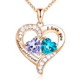 18K Rose Gold Heart Necklace, Birthstone Necklace Jewelry for Women with 2 Birthstones, Customized Gifts for Women Mom Wife Grandma Sister Friend, I Love You Always and Forever, Gold, Cubic Zirconia