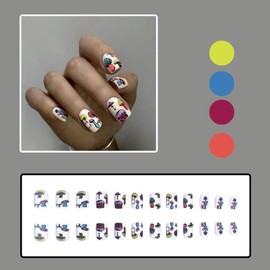 Colorful Mushroom Press on Nails White Short Square Fake Nails Retro Summer Colored Magic Mushroom False Nails Full Cover Matte Cute Style Acrylic Nails Stick on Nails for Women Girl Manicure 24Pcs