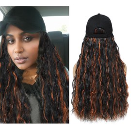 AliRobam Hat Wigs Baseball Cap with body Wave hair Extensions attached for woman Heat Resistant Synthetic curly Hairstyle in Adjustable hats for girls (M1B/350, 22inch)