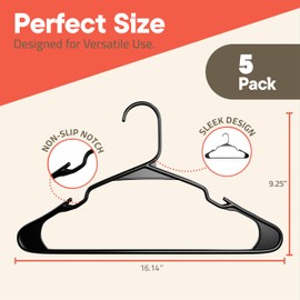 Black Plastic Hangers 5 Pack– Heavy-Duty Plastic Hangers Slim and Space-Saving Hangers, Durable and Lightweight PP Hangers with Non-Slip Shoulder Notches for Slip Dresses, Suits, Jackets & Camisoles