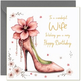 Beautiful Wife Birthday Card For Her Female Pink & Gold Floral Heels Design - Beautiful Birthday Cards for Wife