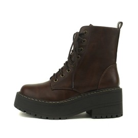 Soda FLING Women Chunky Lug Sole Lace up Fashion Combat Ankle Boot w/Side Zipper (7.5, BROWN PU, numeric_7_point_5)