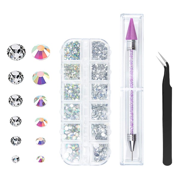 Canvalite 1500PCS Rhinestones in 6 Sizes Flat Back Gems, Crystal AB Rhinestones Nail Art Gems with Pick Up Tweezers and Rhinestone Picker Dotting Pen, Nail Art Tools for Nails, Clothes, Face, Craft