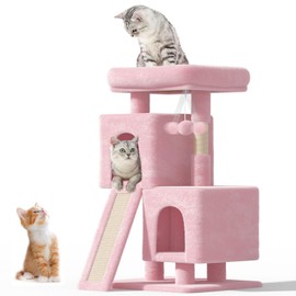 OS MOTOR Cat Tree Tower for Indoor Cats Large Adult,Cute/Tall Modern Cat Tree for Big Cats 20 lbs,34''Plush Multi-Level Cat Condo with Scratching Posts,Dangling Ball (Soft Pink, 34 inch)