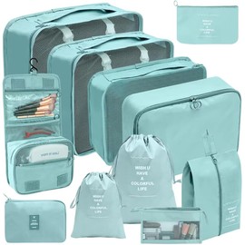 Juego de 11 de Organizador de Viaje para Maletas, Organizadores de Equipaje Cubos Impermeable Bolsas de Almacenamiento Plegable Bolsas de Viaje para Ropa y Zapatos, Accesorios Esencial de Viaje (Azul)