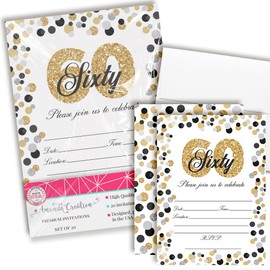 Confetti Polka Dot 60th Birthday Party Invitations, 20 5x7 Fill In Cards with Twenty White Envelopes by AmandaCreation