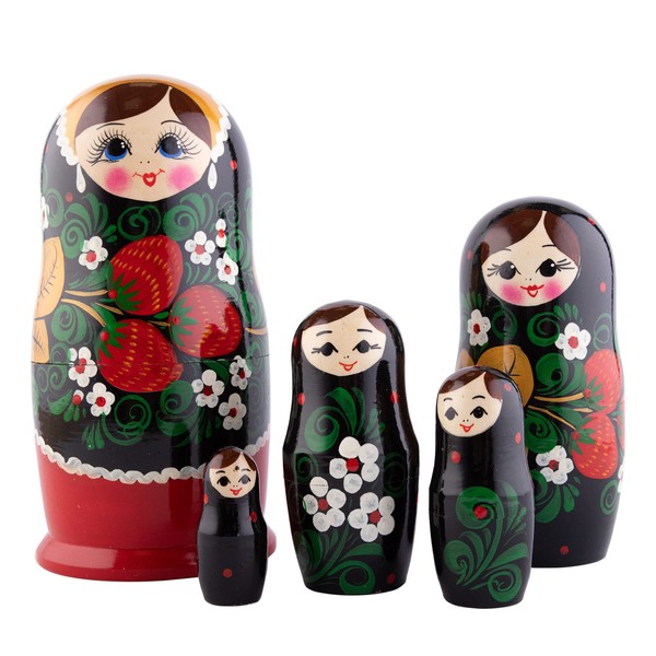 Heka Naturals Hohloma Nesting Dolls | All Natural Wooden Matryoshka Doll Set of 5 (17 cm) - Traditional Babushka Home Decor, Wooden Stacking Toys, Handmade Toys & Games, Shape Sorter Accessories