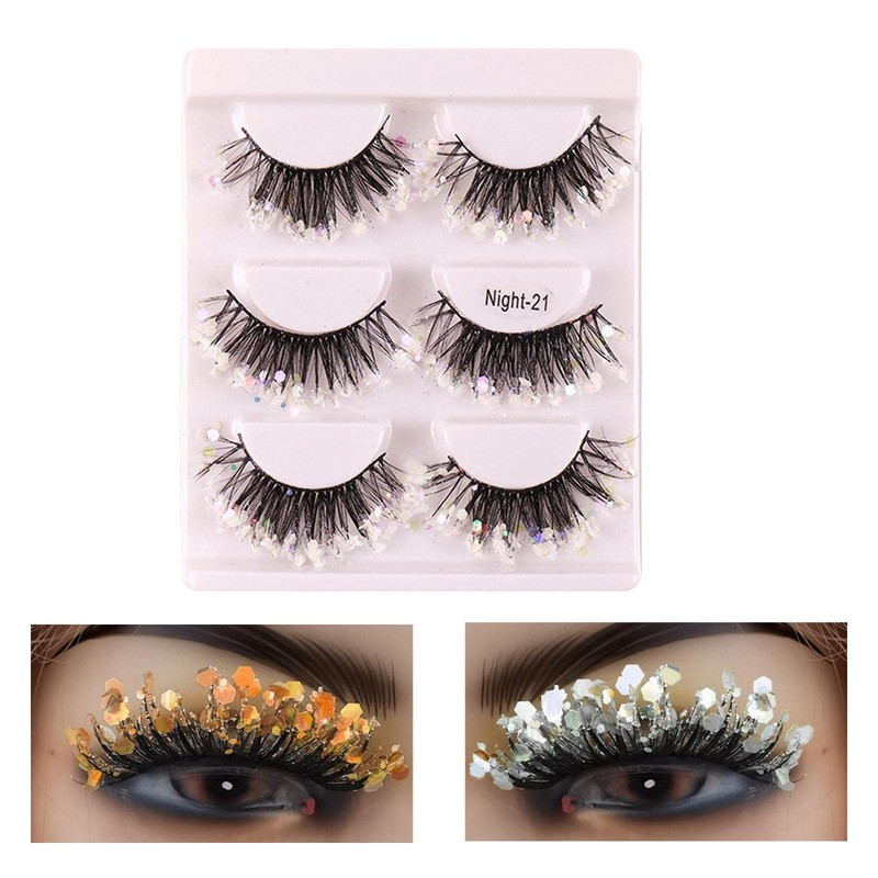 perfk 3 Pairs Luminous False Eyelashes with Sequins, Glitter Eyelashes,