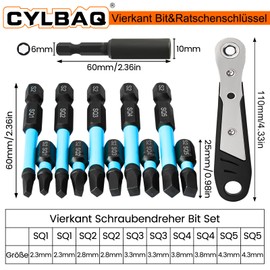 Square Bit for Screwdrivers, Pack of 10 Screwdriver Bit Set 25 mm + 60 mm, CYLBAQ Square Screwdriver Bits, SQ1, SQ2, SQ3, SQ4, SQ5 Screwdriver S2 Steel with Ratchet Reversible Screwdriver